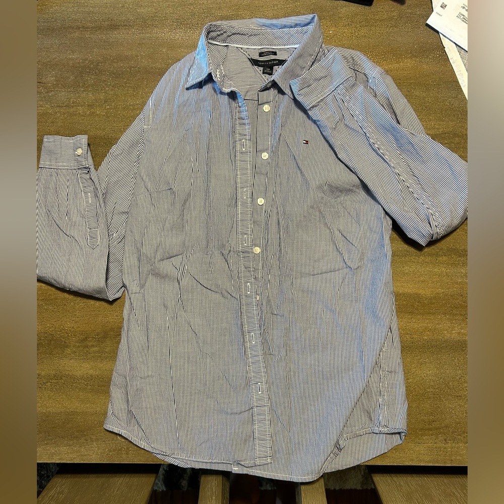 Navy and white button down shirt